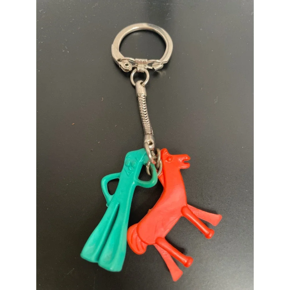 Vintage 1986 Gumby and Pokey Keychain Art Clokey Green Orange Retro Collectible